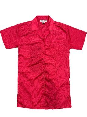 Private Moments Red Hear Print Satin Pajama Top Shirt Button Down Short Sleeve M